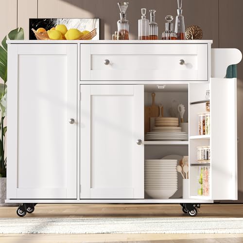 Easexcy Küchenwagen, herausnehmbarer Speisewagen mit klappbarer Tischplatte, Schranktür mit Snack-Regal, verstellbare Trennwände, 1 Schublade, 4 Räder (2 feststellbar), weiß (105,5 * 40-60 * 83cm) von Easexcy