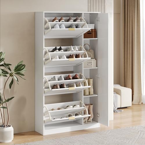 Easexcy Moderne Schuhschrank mit Spiegel,4 klappbaren Aufbewahrungsfächern,verstellbarem Regalbrett hinter dem rechten Spiegel,weiß,Maße:B80*H147*T24 cm von Easexcy