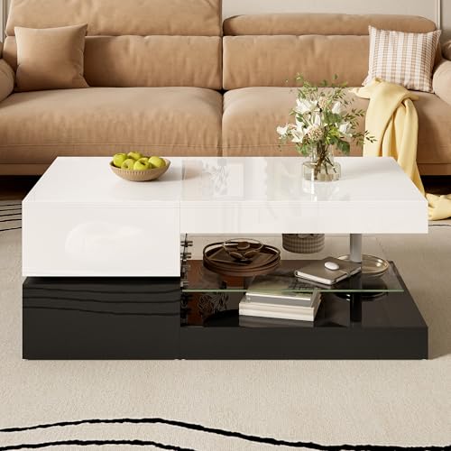Easexcy Moderner Couchtisch, Glasablage & Hochglanz-Oberfläche, Schwarz-Weiß-Design für Wohnzimmer, 90x45x35,5 cm (Black + White) von Easexcy
