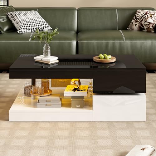 Easexcy Moderner Couchtisch, Glasablage & Hochglanz-Oberfläche, Schwarz-Weiß-Design für Wohnzimmer, 90x45x35,5 cm (Black + White-1) von Easexcy