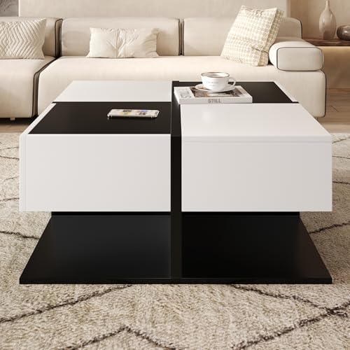 Easexcy Moderner Couchtisch 70×70×35,5 cm, mit 2 Schubladen, Quadratischer Wohnzimmertisch mit Stauraum, Hochglanz Kaffeetisch mit Sanftem Schubladenschienen von Easexcy