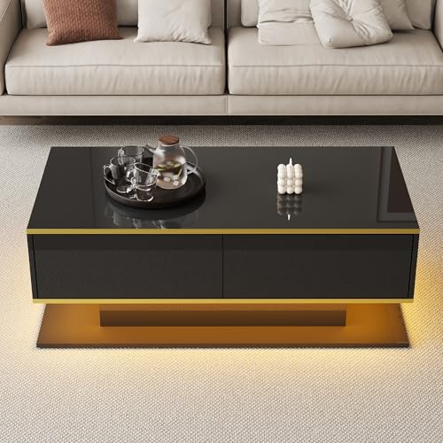 Easexcy Moderner LED-Couchtisch mit Hochglanzoberfläche, 110x55x40cm, Goldverzierung, DREI Schubladen und einem offenen Fach mit farbwechselndem LED-Lichtstreifen (Schwarz) von Easexcy