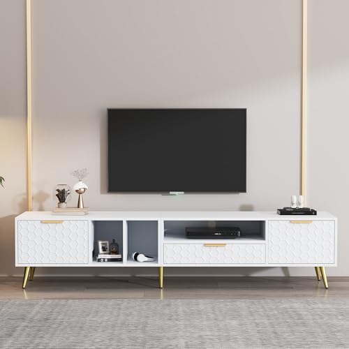 Moderner TV-Ständer mit mattem Wabenmuster mit Mehreren Aufbewahrungsfunktionen für Fernseher bis zu 80 Zoll. TV-Ständer für Wohnzimmer 180cm (weiß) von Easexcy
