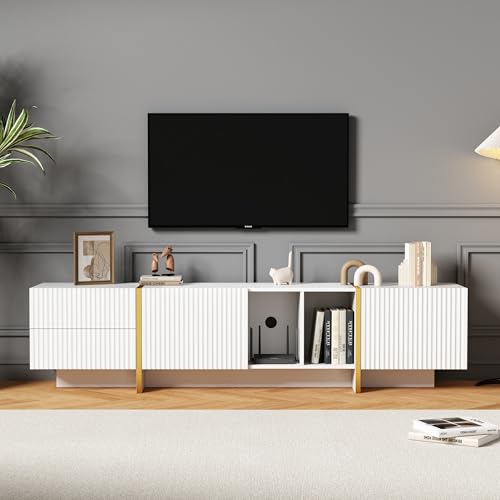 Moderner luxuriöser vertikaler, mattierter TV-Schrank mit Mehreren Aufbewahrungsfunktionen für Fernseher bis zu 80 Zoll. TV-Schrank Wohnzimmer 190cm (Weiß) von Easexcy