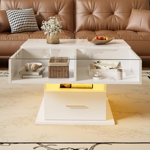 Easexcy Multifunktionaler Hochglanz-Lift-Couchtisch, Verstellbarer Höhe & flexiblem Stauraum – modernes Design für Wohnzimmer, kleine Wohnungen,78 x78 x45,5cm (White) von Easexcy