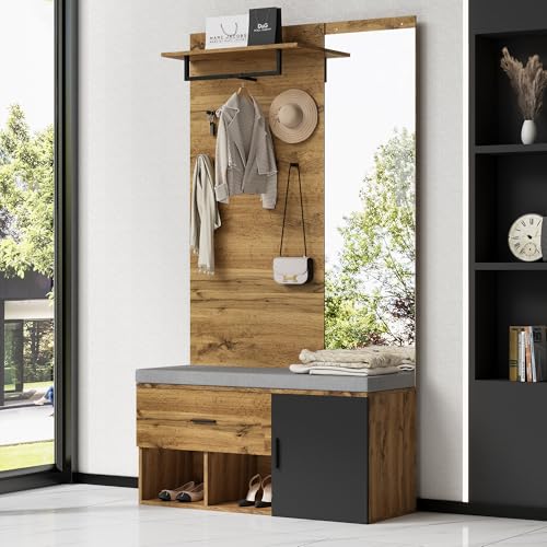 Easexcy Multifunktionales 190 cm hohes Garderobenset aus Holz mit Spiegel, Schuhbank, Schuhschrank, Schublade, Regal und Kleiderhaken – Modernes Design (104 * 39 * 190 cm) von Easexcy