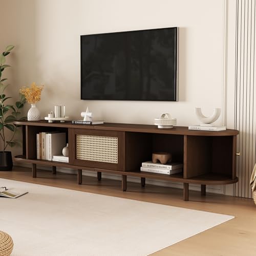 Easexcy Ovaler TV-Ständer in Nussbaum dunkel, Rattan-Design - 180 cm MDF-Design, verstellbare Füße, 30 kg Belastbarkeit von Easexcy
