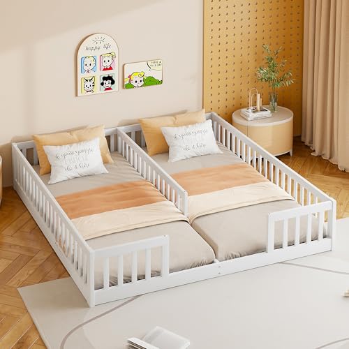 Easexcy Polsterbett, 90 x 200 cm, Kinderbett mit Geländer, mit Lattenrost (ohne Matratze), für Familien mit Zwei Kindern, Kiefernholz, Minimalistischer Stil (Weiß,mit Lattenrost) von Easexcy