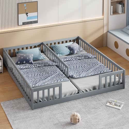 Easexcy Polsterbett, 90 x 200 cm, Kinderbett mit Gitter, Ohne Lattenrost (ohne Matratze), für Familien mit Zwei Kindern, Kiefernholz, Minimalistischer Stil (Grau,Ohne Lattenrost) von Easexcy