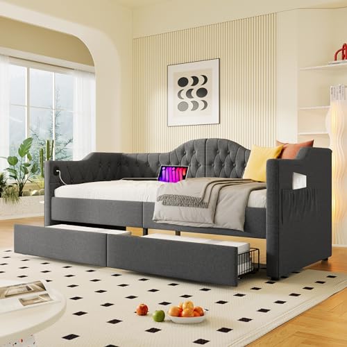 Easexcy Polsterbett, Daybett, Schlafsofa, Stauraumbetten Bettgestell mit USB Type C Ladefunktion und 2 Schubladen, Linen (Ohne Matratze) (Grau, 90x200cm) von Easexcy
