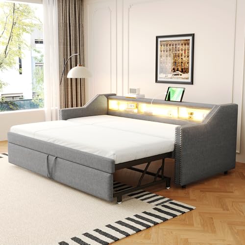Easexcy Polsterbett Ausziehbares Schlafsofa 90/180 x 190 cm, Multifunktionales Staufach, LED-Licht und USB-Buchse, mit Lattenrost (Hellgrau, 90 x 190 cm (Innenmaß)) von Easexcy