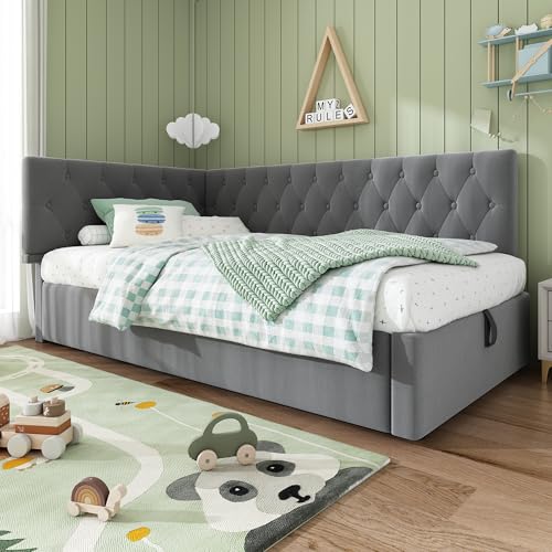 Easexcy Polsterbett Tagesbett Daybett, 90x200cm, Schlafsofa mit hydraulischem Stauraum, Kinderbett Jugendbett Bettgestell mit Lattenrost aus Holz, Samt (Grau) von Easexcy