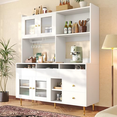 Easexcy Restaurant-Hochschrank (145 x 39 x 171 cm), mit Changhong-Glastür, Weinglasregal, mehrschichtiger Stauraum, ruhiges Schwarz/Weiß mit Golddekoration (Weiß) von Easexcy