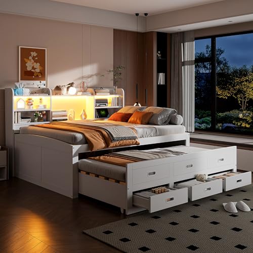 Easexcy Schlafsofa, Daybett, Tagesbett, Led-Fernbedienung, 3 schubladen, Nachttischablage, Multifunktionales ausziehbares Bett mit USB+Type-c, Ohne matratze, Weiß (140 x 200 cm (Innenmaß)) von Easexcy