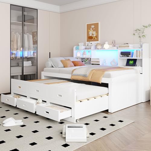Easexcy Schlafsofa, Daybett, Tagesbett, Led-Fernbedienung, 3 schubladen, Nachttischablage, Multifunktionales ausziehbares Bett mit USB+Type-c, Ohne matratze, Weiß (90 x 200 cm (Innenmaß)) von Easexcy