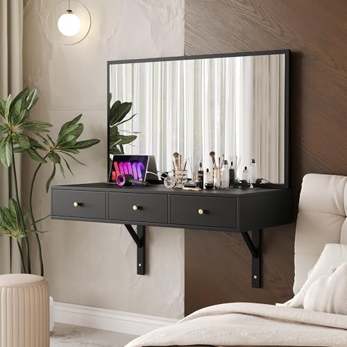 Easexcy Schminktisch Hängender mit Spiegel,3 Schublade und Steckdosen,Tablet-Kartensteckplatz, Getränkehalter;schwarz,100×105×45 cm von Easexcy