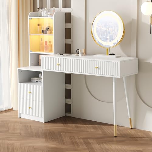 Easexcy Schminktisch-Set mit dreifarbigem LED-Spiegel, Vier Schubladen,1 beleuchteten Schrank mit Glastür,1 Staufach, weiß,100 x 40 x 125 cm (ohne Hocker) von Easexcy