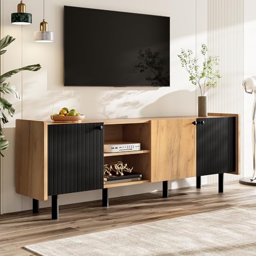 Easexcy Schwarzer und Holzfarbener TV-Schrank, 160x38x57cm, Moderner Stil mit DREI Türen und Zwei Offenen Fächern von Easexcy