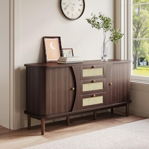 Easexcy Sideboard, Rattanschrank mit Schubladen, Kommode mit Schiebetüren ，140,5 L x 40 B x 76 H cm (Walnussfarbe) von Easexcy