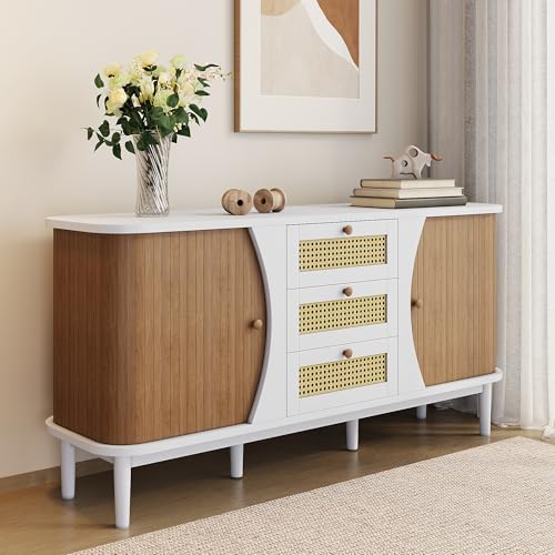 Easexcy Sideboard, Rattanschrank mit Schubladen, Kommode mit Schiebetüren ，140,5 L x 40 B x 76 H cm (Weiß und Holzfarbe) von Easexcy