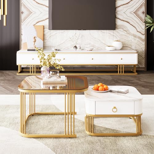 Easexcy Stapelbarer Couchtisch: hochglänzende Marmoroptik und Teebraun Glasplatte, goldene Akzente, Beistelltisch mit Schubladen. zweiteiliges Set,60x60x42,5 cm+50x50x34 cm Easexcy Stapelbarer Couchtisch: hochglänzende Marmoroptik und Teebraun Glasplatte, goldene Akzente, Beistelltisch mit Schubladen. zweiteiliges Set,60x60x42,5 cm+50x50x34 cm von Easexcy