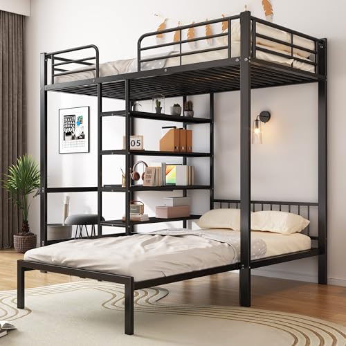 Eisenrahmenbett, Etagenbett mit Tisch und Regalen, Geeignet für Kinder und Jugendliche, mit fünfstufige rechtwinklige Leiter,Schwarz, 90x200cm Eisenrahmenbett, Etagenbett mit Tisch und Regalen, Geeignet für Kinder und Jugendliche, mit fünfstufige rechtwinklige Leiter,Schwarz, 90x200cm von Easexcy