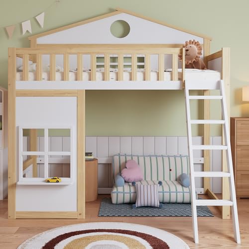 Etagenbett, Hausbett, mit Treppe, mit Fallschutz und Gitter, Kinderbett mit Dach und Fenster, Frei gestaltetes Unterbett, Rahmen aus Kiefer, 90x200cm (White+Natural 2) von Easexcy