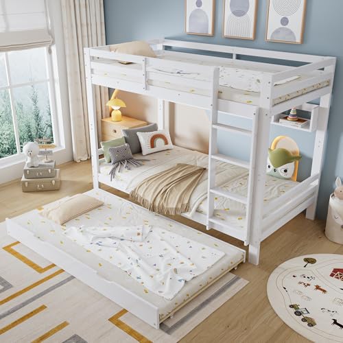 Etagenbett, Kinderbett, Ausziehbares Bett mit Rollen, Mit mit Einer Reihe von 2 Meter Langen Regalen, Stabile Bettlatten und Leiter,90x200cm von Easexcy