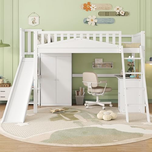 Etagenbett, Kinderbett, mit Fallschutzgitter, mit Tisch und Kleiderschrank, Reichlich Stauraum, Mit vierstufiger Leiter, Kiefer+MDF+Sperrholz, Weiß, 90x200cm Etagenbett, Kinderbett, mit Fallschutzgitter, mit Tisch und Kleiderschrank, Reichlich Stauraum, Mit vierstufiger Leiter, Kiefer+MDF+Sperrholz, Weiß, 90x200cm von Easexcy