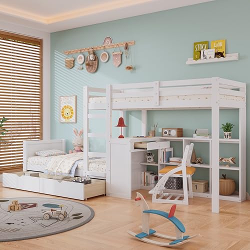 Etagenbett, Kinderbett, mit dreistufiger Leiter, Stabile Lattenroste, Offenes Regal, Design des Sicherheitszauns, Zwei Schubladen, mit Schreibtisch, Rahmen aus Kiefer, Kiefer+MDF, Weiß, 90x200cm Etagenbett, Kinderbett, mit dreistufiger Leiter, Stabile Lattenroste, Offenes Regal, Design des Sicherheitszauns, Zwei Schubladen, mit Schreibtisch, Rahmen aus Kiefer, Kiefer+MDF, Weiß, 90x200cm von Easexcy