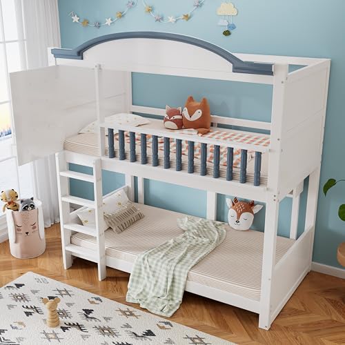 Etagenbett, Kinderbett mit Fallschutz und Gitter, Mit Dach und Fenster, Exquisiter Massivholzzaun, Mit vierstufiger Leiter, Weiß+Blau, 90x200cm Etagenbett, Kinderbett mit Fallschutz und Gitter, Mit Dach und Fenster, Exquisiter Massivholzzaun, Mit vierstufiger Leiter, Weiß+Blau, 90x200cm von Easexcy