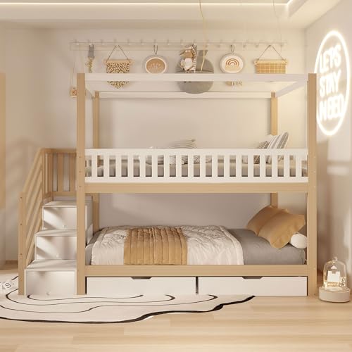 Etagenbett Kinderbett, Massivholz-Doppelbett, Hausform, Sicherheitsgeländer-Design, Mit Staufach und Sicherheitsleiter (Holz+Weiß, 90x200cm, mit Schubladen) von Easexcy