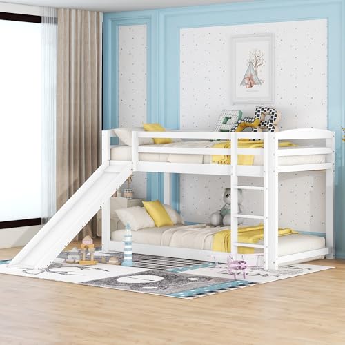Etagenbett für Kinder und Jugendliche, Kinderbett mit Rutsche, Massivholzrahmen, einfache Montage, 90x200cm (Weiß) von Easexcy