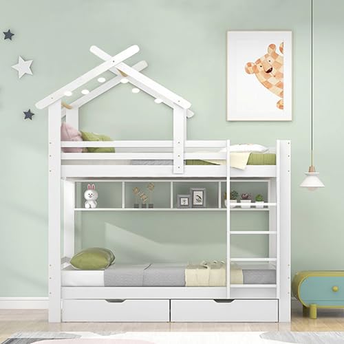 Etagenbett mit Schubladen und Regalen, Hausbett mit dreistufige rechtwinklige Leiter, Kinderbett mit Fallschutz und Gitter, Rahmen aus Kieferholz, Weiß (90x200cm) von Easexcy