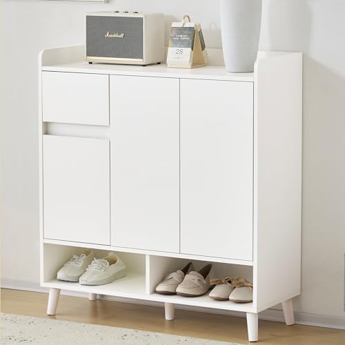 Kommode/Sideboard/Schuhschrank mit verstellbaren Einlegeböden – Minimalistischer Home Organizer mit Massivholzbeinen – Maße: H99 cm x B90 cm x T35 cm (Weiß, B90*T35*H99 cm) von Easexcy