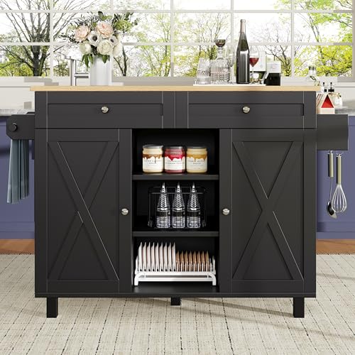 Moderne Kücheninsel, Küchenschrank, buffetschrank, Speisewagen mit Holzmaserung, Multifunktionale Esstisch mit Speicherraum, Speisewagen Snackregalen (Schwarz, 134 x 75.4X 89cm) von Easexcy
