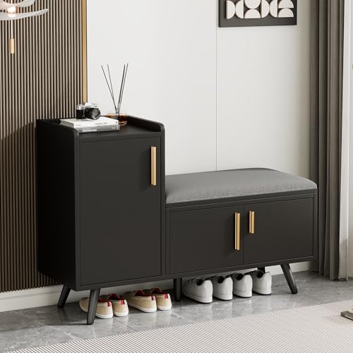 Moderne Schuhbank Schuhtruhe Sitzbank mit DREI Stauraumtüren, Mit asymmetrischen Metallgriffen und Mehreren Ebenen zur Aufbewahrung - Maße: B100/T34/H69 cm (Schwarzwalnuss, B100/T34/H69cm) von Easexcy