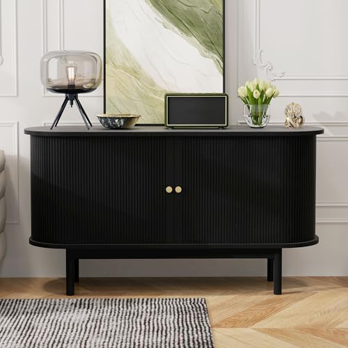 Retro Holz Sideboard, Lamellen Schrank Sideboard und Kiefernholzbeinen, it verstellbaren Einlegeböden fur Esszimmer, Küche, Flur,138 * 43 * 75CM (Black) von Easexcy