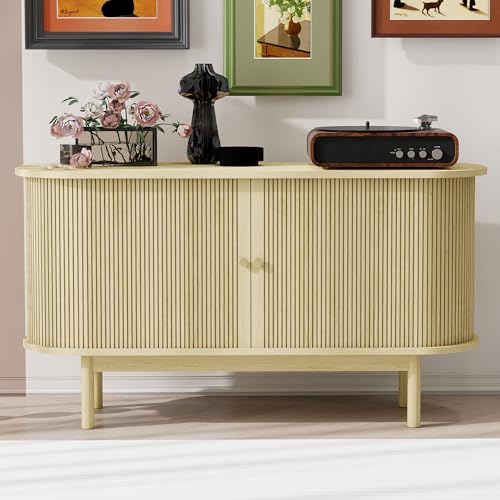 Retro Holz Sideboard, Lamellen Schrank Sideboard und Kiefernholzbeinen, it verstellbaren Einlegeböden fur Esszimmer, Küche, Flur,138 * 43 * 75CM (Natural Wood) von Easexcy