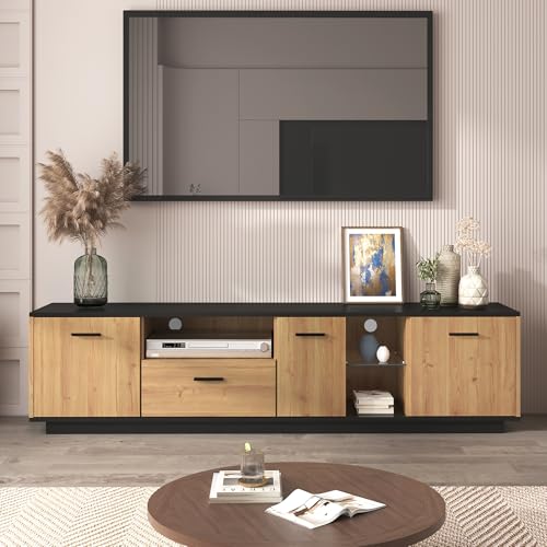 TV-Schrank mit einer Schublade, drei Türen, zwei offene Fächer mit Glas TV-Möbel, TV-Board, TV-Lowboard Feinstruktur. Schwarze und natürliche Holzfarben. 15 variable LED-Leuchten，180 x 37 x 45 cm von Easexcy