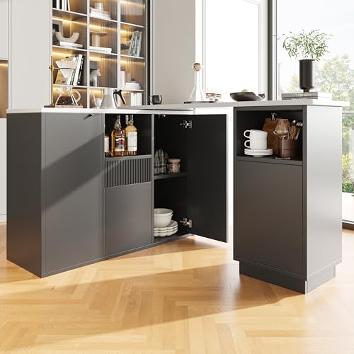 Um 360° drehbarer Bartisch (Hauptkörper 198,5 x 30 x 75 cm), modernes und Schlichtes Design, mit offenem Stauraum und Marmor-Arbeitsplatte, geeignet für Küche, Wohnzimmer und Esszimmer (Schwarz) von Easexcy