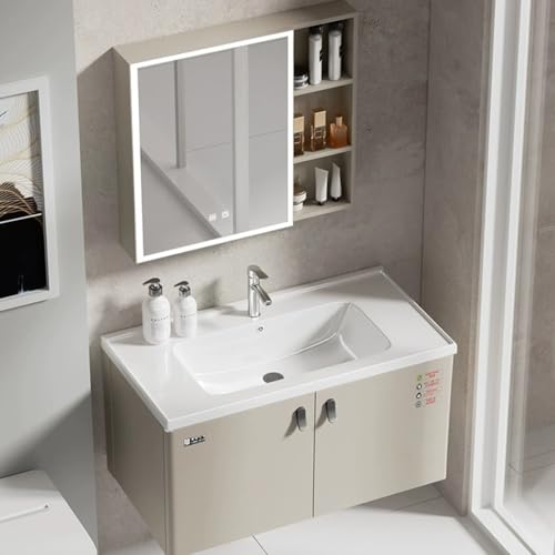 Easnuroz Integrierte Spüle Und Spiegelschrank Badezimmer Wandhängende Waschtischeinheit Waschtisch Und Intelligenter Spiegelschrank StandgarderobeSpiegelschrank Mit Keramikwaschbecken(60*47*41.5cm) von Easnuroz