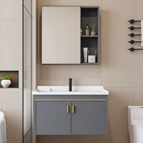 Easnuroz Integrierte Spüle Und Spiegelschrank Waschtischunterschrank Mit Waschbecken Keramik Glanz Mit Spiegelschrank StandgarderobeSpiegelschrank Mit Keramik Waschbecken(51 * 40 * 35CM) von Easnuroz