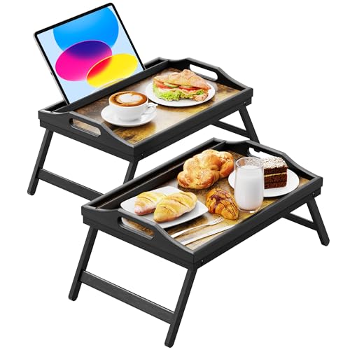 Easoger Betttablett zum Essen, 42 x 32 cm, Betttisch mit klappbaren Beinen, Bambus-Frühstück im Bett-Tablett, Essenstabletts passend für Erwachsene und Kinder, Snack- und Laptop-TV (2-schwarz, 2 von Easoger