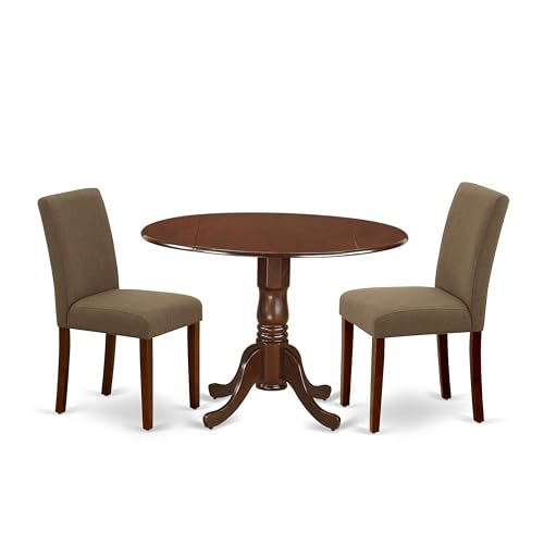 3-teiliger runder Esszimmertisch mit zwei 22,9 cm langen Blättern und 2 Parson-Stuhlen mit Mahagoni-Beinen und Leinenstoff, Kaffeebraun 3-teiliger runder Esszimmertisch mit zwei 22,9 cm langen Blättern und 2 Parson-Stuhlen mit Mahagoni-Beinen und Leinenstoff, Kaffeebraun von East West Furniture