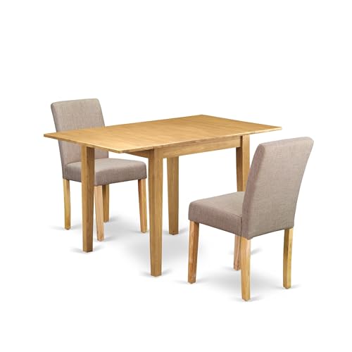 East West Furniture 1NDAB3-OAK-04 3-teiliges Küchentisch-Set enthält einen rechteckigen Esstisch mit Dropleaf und 2 Parson Esszimmerstühle aus hellbraunem Leinenstoff, 76,2 x 121,9 cm, Eiche von East West Furniture