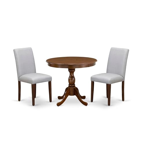 East West Furniture AMAB3-AWA-05 3-teiliges Küchentisch-Set für kleine Räume, enthält einen runden Esszimmertisch mit Sockel und 2 Parsons-Stühlen aus grauem Leinenstoff, 91,4 x 91,4 cm, Walnuss von East West Furniture