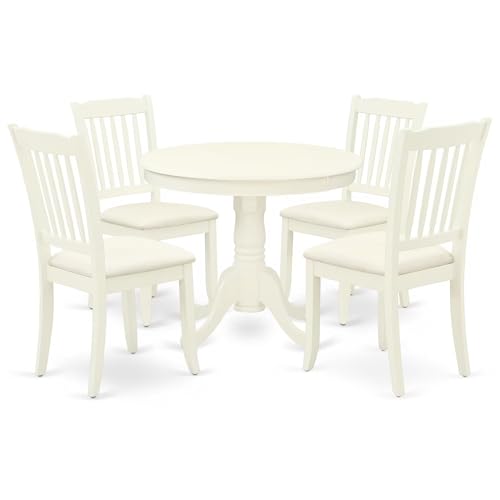 East West Furniture ANDA5-LWH-C 5-teiliges modernes Esstisch-Set, bestehend aus einem runden Küchentisch mit Sockel und 4 Leinenstühlen aus Leinenstoff, 91,4 x 91,4 cm, Leinenweiß von East West Furniture