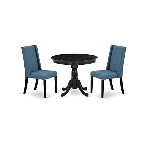 East West Furniture ANFL3-ABK-21 3-teiliges modernes Esstisch-Set enthält einen runden Küchentisch mit Sockel und 2 Parson-Esszimmerstühle aus blauem Leinenstoff, 91,4 x 91,4 cm, Schwarz mit von East West Furniture