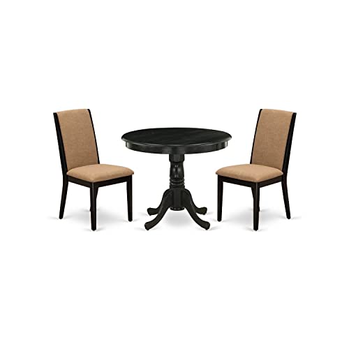East West Furniture ANLA3-ABK-47 3-teiliges Esszimmermöbel-Set enthält einen runden Küchentisch mit Sockel und 2 Parson-Esszimmerstühle aus leichtem Zobel-Leinenstoff, 91,4 x 91,4 cm, Schwarz mit von East West Furniture